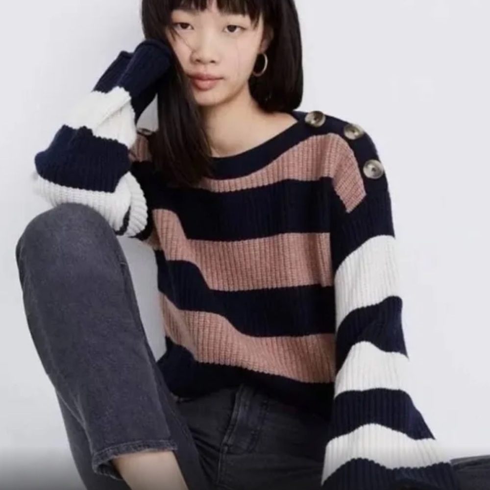 Madewell striped sweater with buttons on shoulders